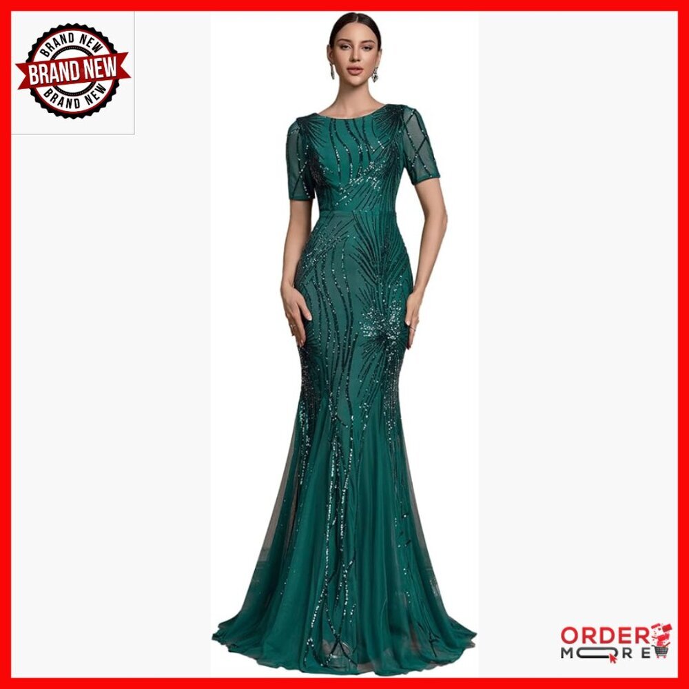 Sequin Mermaid Formal Gown with Mesh Overlay, Short Sleeve Maxi Dress